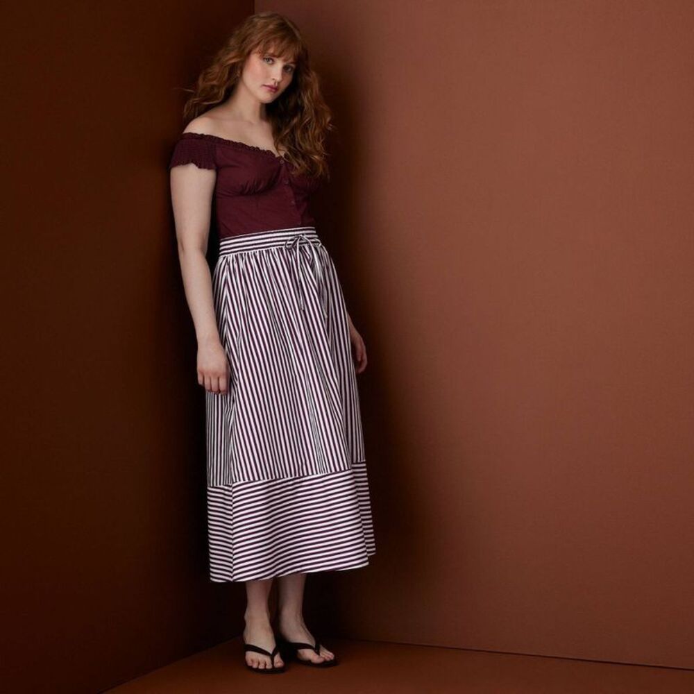 Women's Drawstring Poplin Striped Full Midi Skirt - Rosie Assoulin Burgundy S - Picture 3 of 4